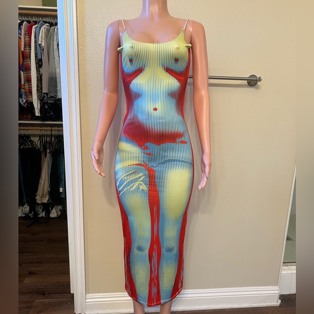 Bodycon Ribbed Slip Dress in Yellow, Blue & Red. Size S. Will fit M. Great Fit.